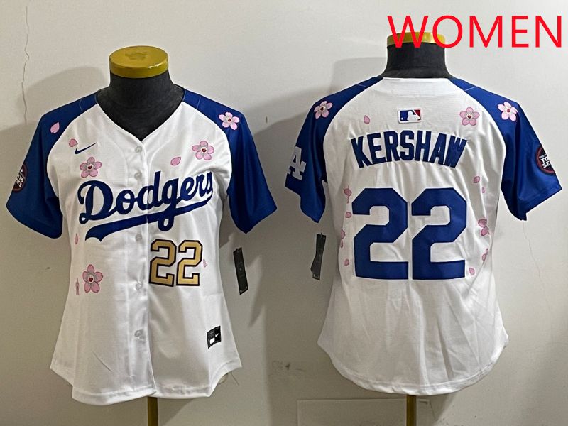Women Los Angeles Dodgers 22 Kershaw White Blue Sakura Edition 2025 Nike MLB Jersey style 3